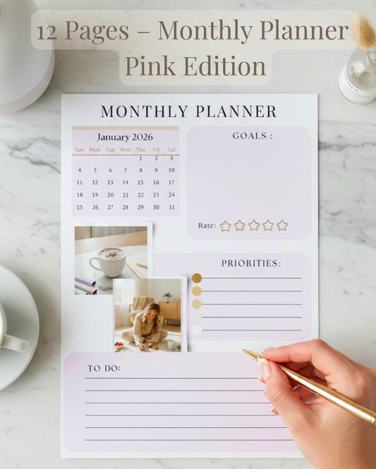 Aesthetic Monthly Planner Printable SOFT PINK | 12-Month Undated Calendar 2026 | Minimalist Clean Girl Layout (Printable PDF)