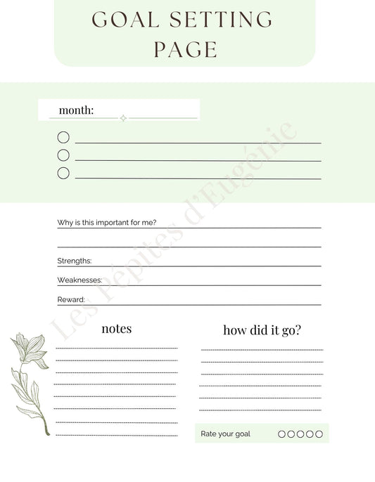 Goal Setting Page SAGE GREEN | Monthly Goals Printable | New Reset Planner | Productivity Worksheet | Minimalist Template | InstantDownload