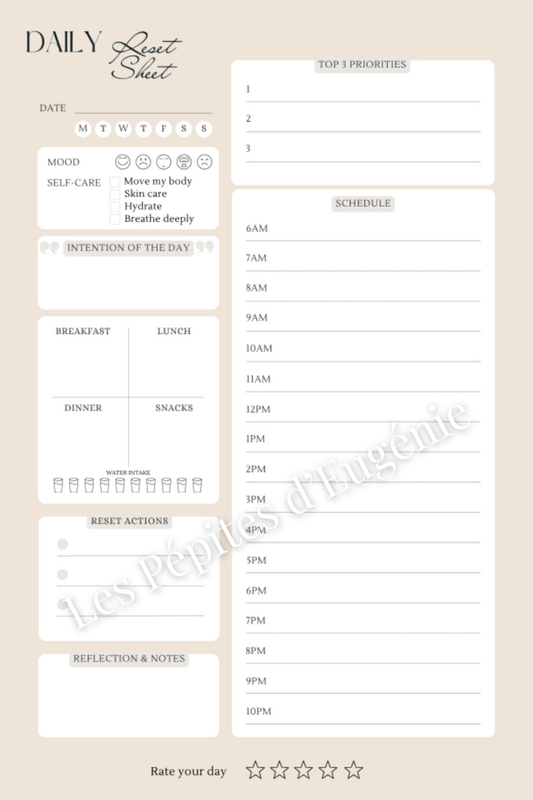 Daily Reset Sheet – Printable Daily Planner for Overwhelmed Days | Calm & Clear Your Mind in 5 Minutes