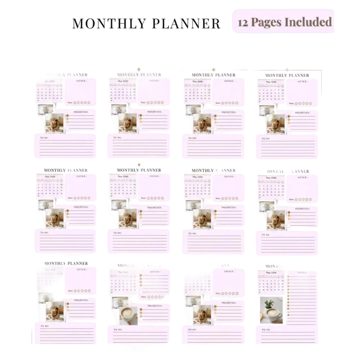 Aesthetic Monthly Planner Printable SOFT PINK | 12-Month Undated Calendar 2026 | Minimalist Clean Girl Layout (Printable PDF)