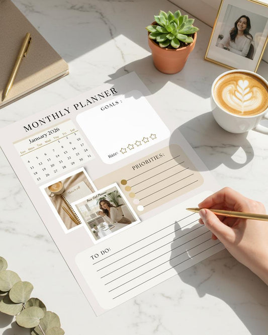 Aesthetic Monthly Planner Printable BEIGE | 12-Month Undated Calendar 2026 | Minimalist Clean Girl Layout (Printable PDF)