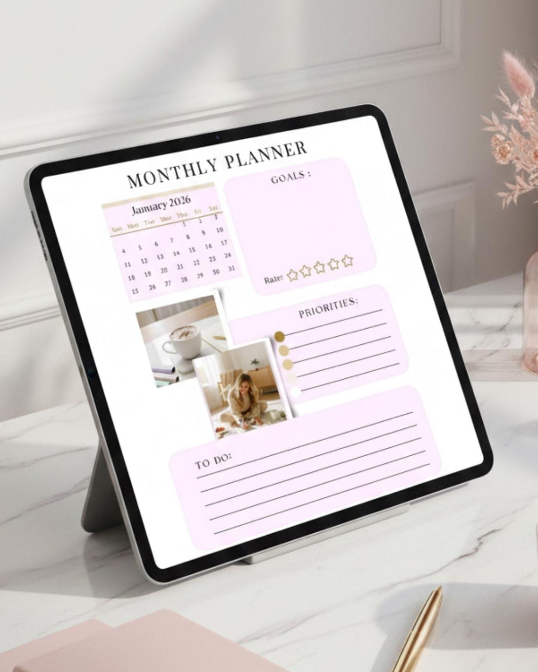 Aesthetic Monthly Planner Printable SOFT PINK | 12-Month Undated Calendar 2026 | Minimalist Clean Girl Layout (Printable PDF)
