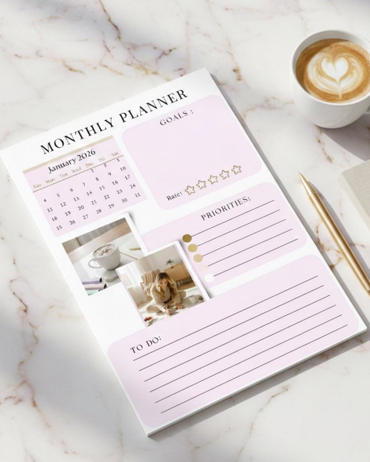 Aesthetic Monthly Planner Printable SOFT PINK | 12-Month Undated Calendar 2026 | Minimalist Clean Girl Layout (Printable PDF)