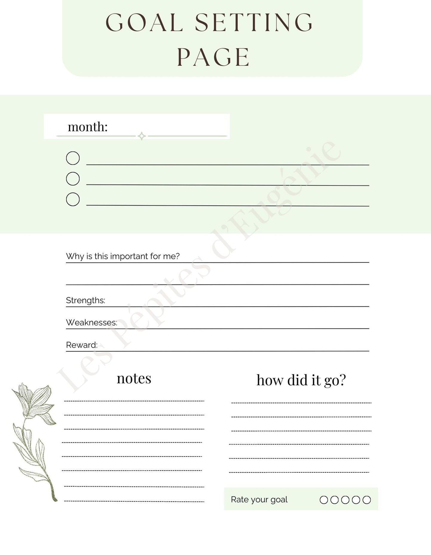 Goal Setting Page SAGE GREEN | Monthly Goals Printable | New Reset Planner | Productivity Worksheet | Minimalist Template | InstantDownload