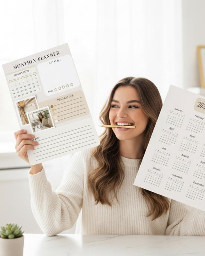 Aesthetic Monthly Planner Printable BEIGE | 12-Month Undated Calendar 2026 | Minimalist Clean Girl Layout (Printable PDF)